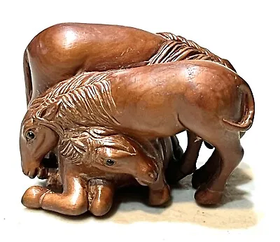 £188.03 • Buy Vintage Antique Japanese Meiji Carved Wood Horses Signed Figurine Netsuke Old