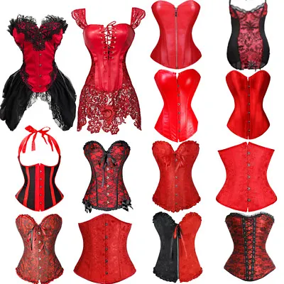 Women Red Lace-up Bustier Corset Rouge Burlesque Shaper Basque Lingerie Plus Sz • £18.79