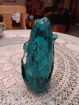 Hand Blown Teal Turquoise Art Glass With Swirl Optic Unique Small Hole Vase • $25