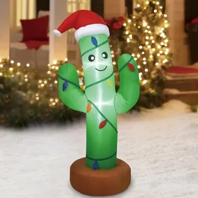 4 Ft Christmas Cactus Santa Inflatable Airblown LED Light Up Holiday Yard Decor • $44
