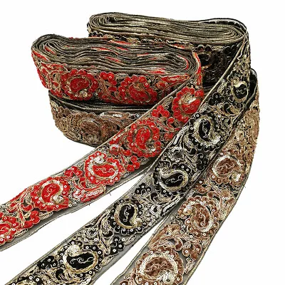 £4.09 • Buy 1 Yard Sequince Bead Embroidery Indian Sari Border Lace Ribbon Trim Ethnic Craft