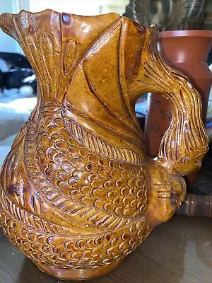 Clay Large Water Pitcher Brown Glaze Mermaid Handle Fish Ornate  Artist Studio • $111