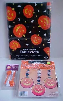 Vintage Halloween Pumpkin Ghost Vinyl Tablecloth Cut Out Cupcake Pick • $30