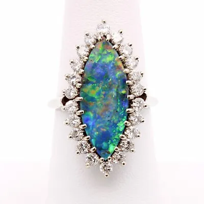 Vintage 14K White Gold 3.15 Carat Blue Opal Marquise Diamond Halo Ring #E-500 • $2000