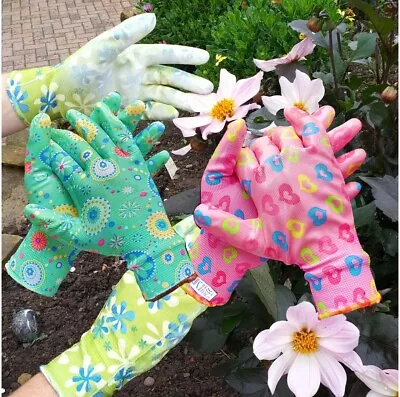 LADIES GARDENING GLOVES 2 Pairs Coated Palm Green Floral Pattern DIY Garden • £2.75