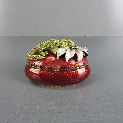 Vintage DZ Trinket Box Jeweled Lizard Red Enameled Solid Perfume Container • $30