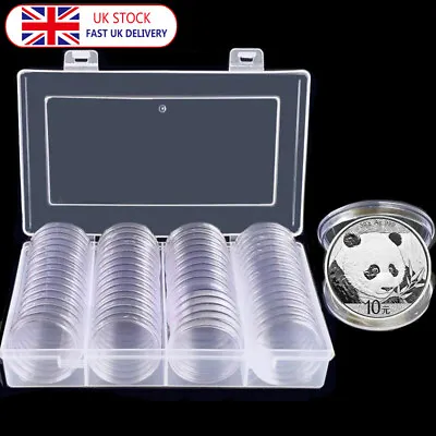 60Pcs 40mm Round Clear Coin Capsules Holder Container Case With Storage Box UK • £9.99