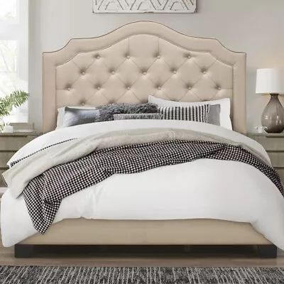 Beige Upholstered Platform Bed Frame Tufted Fabric Twin Full Queen King Size Bed • $331.90