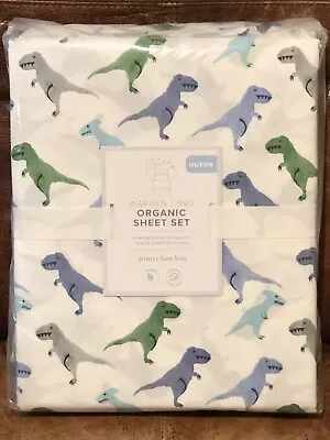 NEW Pottery Barn Kids Warren Dino Organic Queen 4pc Sheet Set Dinosaur • $149.95