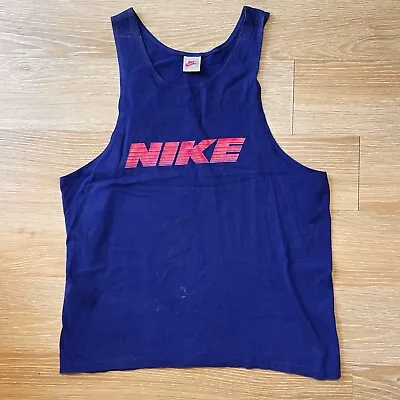 Vtg Nike Gray Tag Tank Top L Muscle Tee Big Swoosh Spell Out Blue Made USA 90s • $19.89