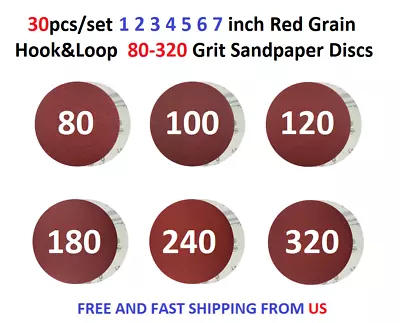 30pcs Red Grain Hook&Loop 1 2 3 4 5 6 7  80-320 Grit Sandpaper Disc • $13.99