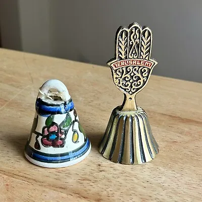 Lot 2 VTG Bells Brass Hamsa Jerusalem & Ceramic Handpainted Flowers Bethlehem • $12.50