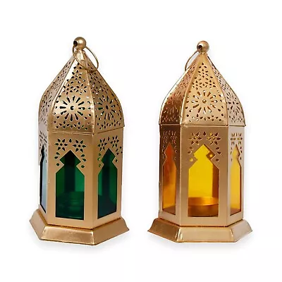 Yellow & Green Glass Morrocan Iron Lantern Tealight Candle Holder For Home Decor • $35.28