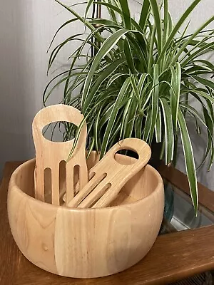 Vintage Retro Snowline Rubberwood Salad Bowl & Servers Fruit Bowl • £20