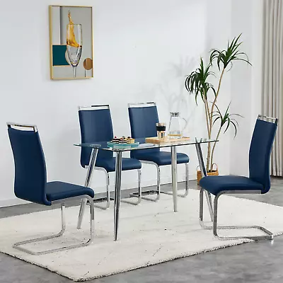 Modern Dining Table SetKitchen Glass Dinette Table And 4 Blue PU Leather Chair • $399.99