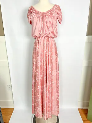 Vintage 1970s Maxi Gown | Pastel Pink Cap Sleeve Floral Print Poly Dress SMALL • $41.30