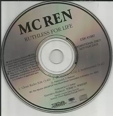 Nwa MC REN Ruthless For Life 3TRX CLEAN & INSTRUMENTAL PROMO DJ CD Single N.w.a. • $24.99