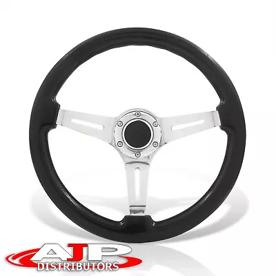 Deep Dish 6-Bolt Black Wood Silver Steel Steering Wheel+Horn Universal 350mm 14  • $57.99