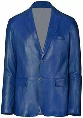 Men's URBAN Real Authentic Lambskin Leather Blazer Blue TWO BUTTON Workwear Coat • $119.20