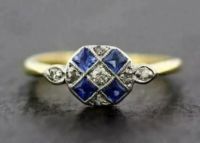 1.0CT Princess Lab-Created Sapphire Vintage Art Deco Ring 14K Yellow Gold Plated • $121.83