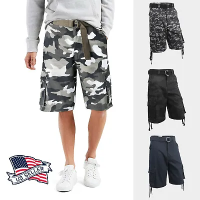 Mens Twill Cargo Shorts Belt Multi 6 Pocket Summer Pants Casual Hip Hop Classic • $29.99