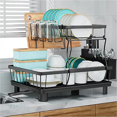 2-Tier Drying Dish Rack And Drain Board Set Utensil Holder Metal Kitchen Counter • $27.99