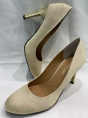 J.Renee’ GILANA MOIRE BEIGE FAILLE GOLD HEELS-size 9M • $59.99