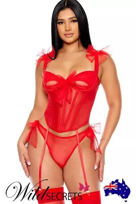 NEW Forplay Unwrap Me 2 Piece Red Bow Bustier Set With Garters & Panty • $69.99