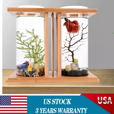 Glass Betta Fish Tank Bamboo Base Mini Aquarium Fish Tank For Desktop • $20.90