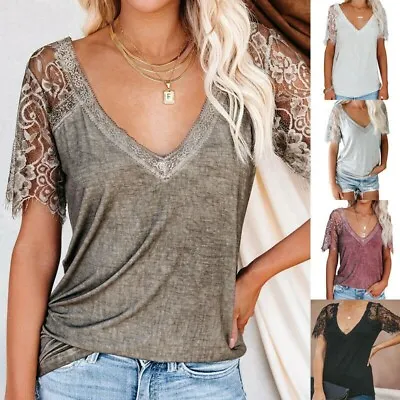$8.99 • Buy Summer Womens Lace Short Sleeve V Neck Blouse Casual Solid T Shirt Loose Top Tee