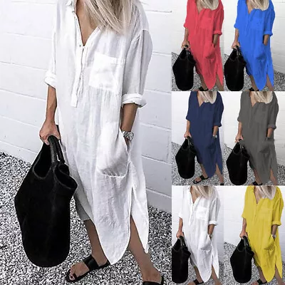 Womens Fashion Cotton Linen Shirt Dress Maxi Kaftan Casual Loose Long Tops Tunic • $17.99