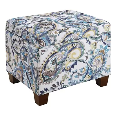 Madison Storage Ottoman In Blue Print Fabric With Solid Wood Feet • $110.17