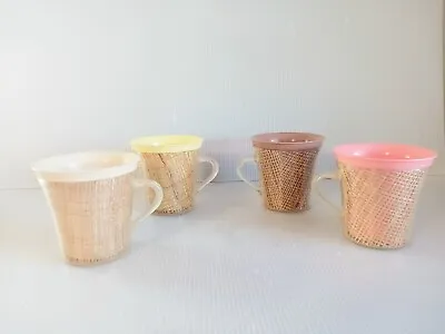Vintage 1960's Raffiaware (4) Insulated Burlap Straw Tiki Plastic Coffee Mugs • $19.95