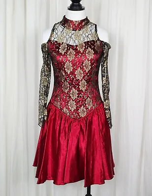 Vintage 80s Red Satin Lace Cold Shoulder Goth Punk Skater Prom Costume Dress S • $25.50