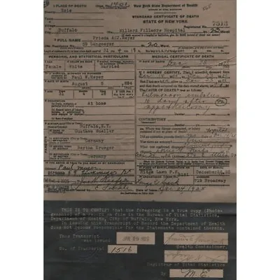 Vtg. 1925 Buffalo Millard Fillmore Hospital Death Certificate 716 Erie NY Oddity • $29.95