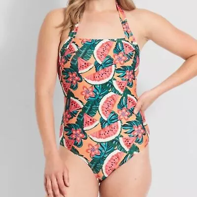 NWOT ModCloth Ava One Piece Halter Swimsuit 2X Plus Orange Watermelon • $45