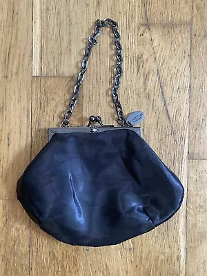 New LANVIN Parfums Black Satin Evening Bag Pouch Clutch Bag Hardware Chain Strap • £19.98