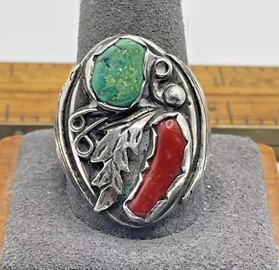 Stunning Old Pawn Sterling Silver Turquoise And Coral Ring In Size 12--749.24 • $149.99