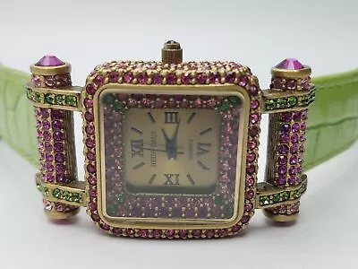 Heidi Daus Bronze Tone Pink & Green Rhinestones Leather Band Watch Runs • $9.99