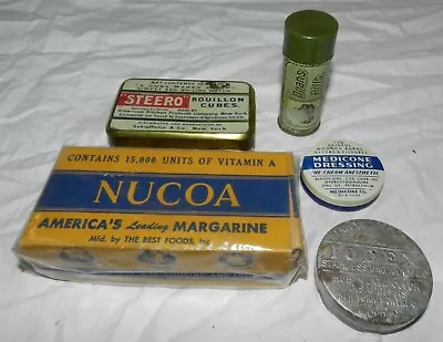 Lot 6 - Vintage Advertising Tins + Box - Steero Bouillon Doan's Nucoa Margarin • $19.88