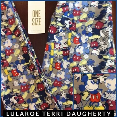 LLR One Size Disney Leggings Mickey Mouse Reds Yellows Navy On Gray Background • $4.99