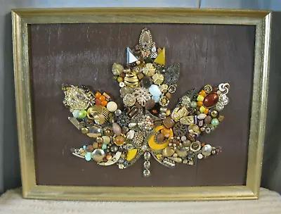 Recycled Upcycled Vintage Jewelry Art Gold Framed Leaf Design One-of-a-Kind! • $69.90