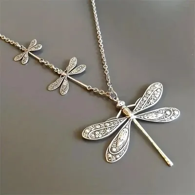 Vintage Women Bohemian Charm Silvery Dragonfly Pendant Necklace Jewelry Gift New • $13.98