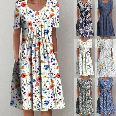 Women Floral Crew Neck Short Sleeve Midi Dress Ladies Loose Pocket Pleated Dress • £13.99