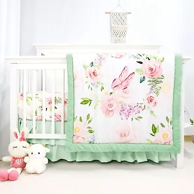 4-Piece Crib Bedding Set Baby Girl Crib Bedding Set Butterflies Floral Nursery • $42.29