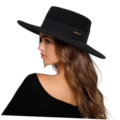 Women Men Classic Felt Fedora Hat Wide Brim Flat Top Boater 7-7 1/4 Black-wool • $45.50