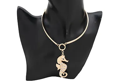 Women Necklace Gold Metal Fashion Jewelry Sea Horse Pendant Charm + Earrings Set • $12.99