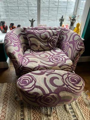 £96 • Buy SOFA AND FOOT STOOL Double Loveseat. DFS. Funky Purple Fabric. Matching Cushions