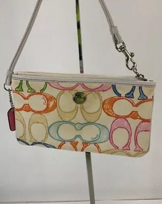 Coach White Multicolor Signature Print Fabric Zip Wristlet • $10.99