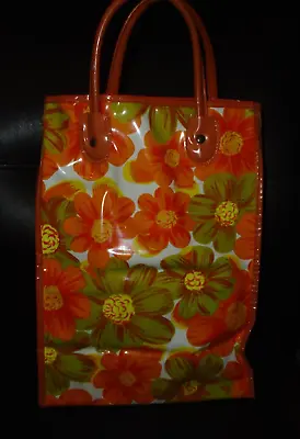 Vintage Retro 1960's-70's Small Vinyl Tote Bag Orange & Green Flowers • $22